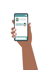 Chat bot dialoge window form on smartphone screen flat design isolated. Online artificial intelligence robot chat online user support service on holding hand mobil phone. Vector illustration.