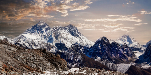 View from Renjo La Pass to the east on Himalaya with Mount Everest in Nepal
