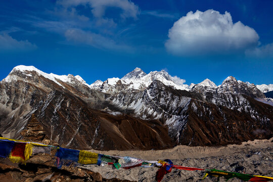 View from Renjo La Pass to the east on Himalaya with Mount Everest in Nepal