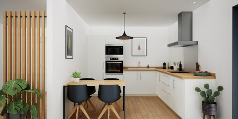 Vue 3d cuisine blanche, table bois et chaise noire