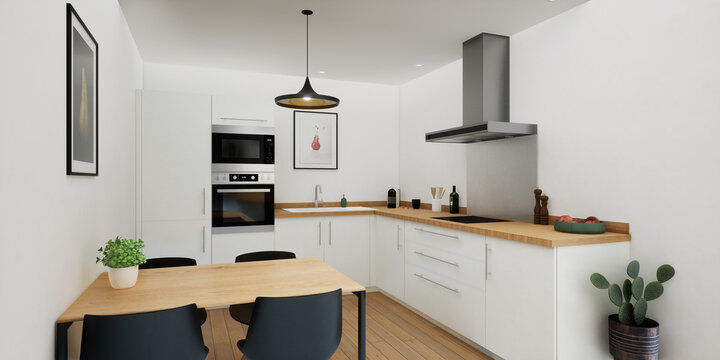 Vue 3d cuisine blanche, table bois et chaise noire_ vue 2