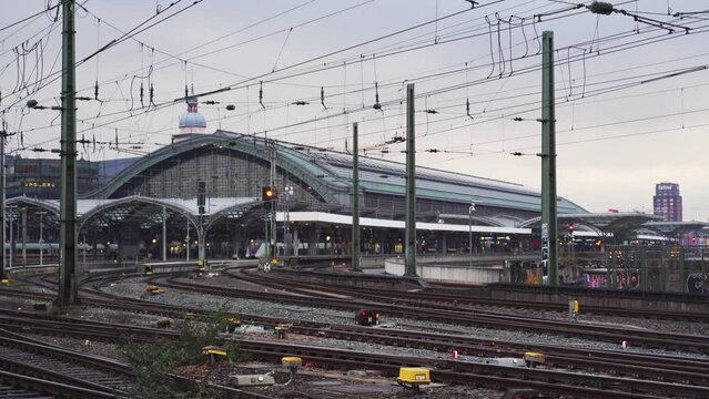 Cologne Train Station in Germany. View from the bridge. Old huge train transportation of Western Europe