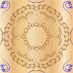 A symmetrical pattern of abstract shapes creates an ornament in the form of a colorful flower. Ornament on a brown, gradient background.