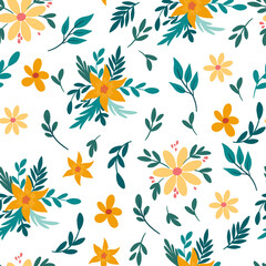 Seamless spring pattern with flowers and leaves. Flat vintage Ditsy floral background. Creative floral texture. Great for fabric, textile. Vector cartoon illustration