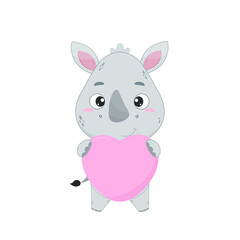 A little rhinoceros holds a heart in his hands. Greeting card for valentine's day. Vector illustration f