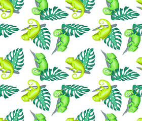 Green chameleons and monstera leaves in the jungle. Seamless isolated tropical pattern. Vector illustration of fabric, wrapping paper and wallpaper