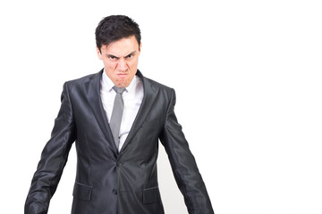 Angry man in elegant suit showing negative reaction