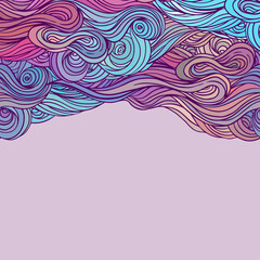 Vector color abstract hand-drawn hair pattern frame with waves and clouds