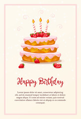 Happy birthday card. Cake with light layers, pink cream, strawberries and three candles on a light beige background. Vector illustration.
