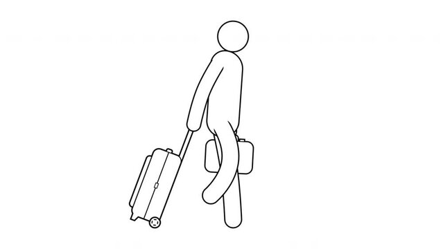 Icon man walking with luggage. Pictogram passenger with suitcase on wheels and in hand. Looped animation with alpha channel.