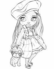 Girl walking with a puppy.Coloring book antistress for children and adults.Illustration isolated on white background.Zen-tangle style.Hand draw