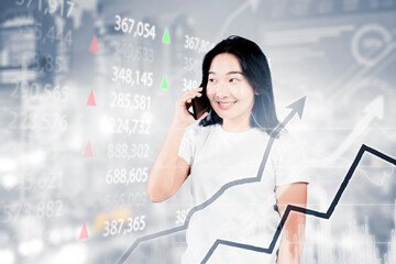 Woman make a call near increasing stock market