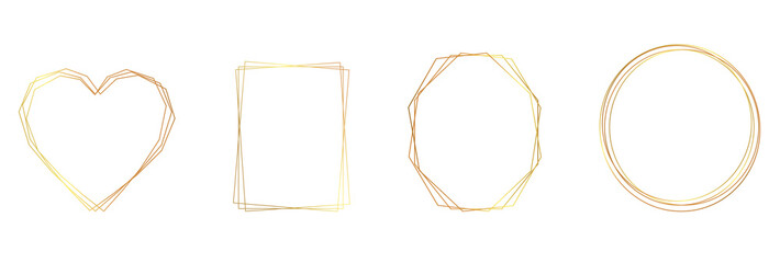 Set of golden frames. Great for wedding invitations, quotes and wedding cards. Abstract shapes - elipse, reectangle, heart and diamond, polygon luxury collection. Vector illustration.