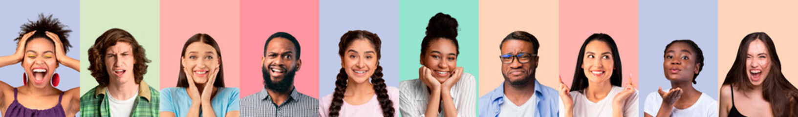 Expressive multiracial millennial people showing positive and negative emotions