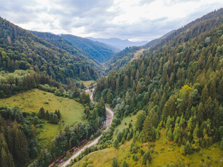 Fototapeta na wymiar aerial view of carpathian mountains with river