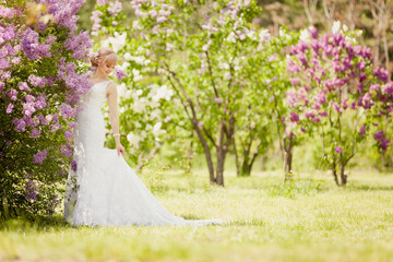 Beautiful blonde Bride in elegant wedding dress in blooming lilac garden. Waist portrait in sunset light. Pretty young caucasian girl. Spring wedding day. Romantic mood. Romantic wedding ceremony