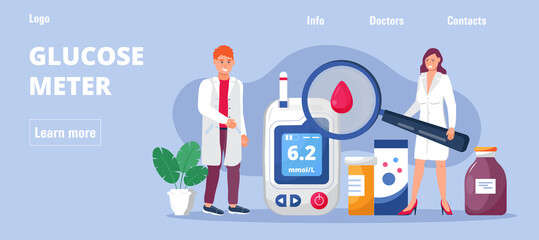 Fototapeta na wymiar Diabetes concept vector for homepage. Glucometer for blood glucose testing meter. Doctor treats hyperglycemia. Lab, pills, insulin syringe for injection.