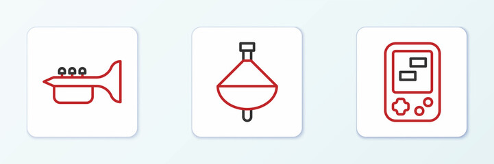 Set line Tetris electronic game, Trumpet and Whirligig toy icon. Vector