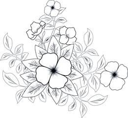 Black-and-white sketch of a cherry blossom branch on white background for decorating banners, flyers, posters, websites. Vector illustration.