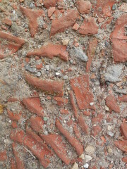 Small fragments of red brick, sunk into the ground, are the upper surface of a rural road.