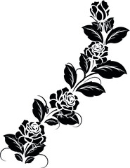 Silhouette rose branch with opened flowers and buds, hand drawn vector