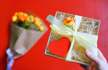 gift box. Love, st Valentin's Day celebration. Romantic background. Red colour. Celebrate holidays 