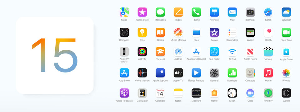 Iphone IOS 15 apps set. iTunes, Apple Store, iMovie, iBooks, Apple TV, FaceTime. Ukraine, Zaporizhzhia - January, 13