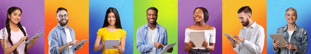 Poster networking concept. diverse multiethnic people working remotely with digital tablets