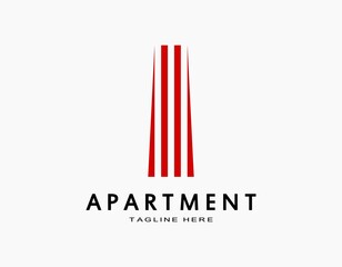 Elegant apartment logo in red. Minimal and abstract tower icon with growth concept. Luxury design for company, architecture, developer, residence.