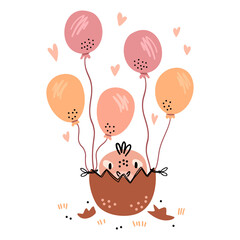 Illustration of a baby dinosaur in an egg with balloons. Simple cute style for kids. Wall sticker, card, invitation, party decoration.