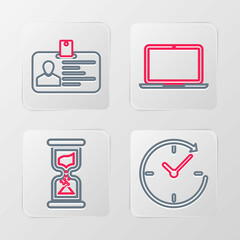 Set line Clock with arrow, Old hourglass, Laptop and Identification badge icon. Vector