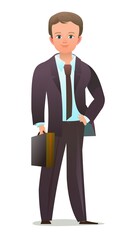 Successful little boy. Cheerful teenagers in standing pose. Girl in white shirt. Cartoon flat design in comic style. Separate character. Illustration isolated on white background. Vector