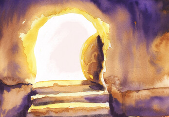 Watercolor easter illustration. Empty tomb for Jesus Christ is risen.