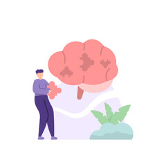 illustration of people trying to solve a puzzle game. brain puzzles. solve the problem. ideas and solutions. flat cartoon style. vector design. can be used for UI elements, landing pages.