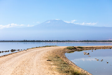 A narrow road goes between lakes in Amboseli National Park, Kenya