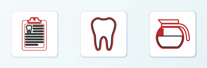 Set line Coffee pot, Clipboard with dental card and Tooth icon. Vector