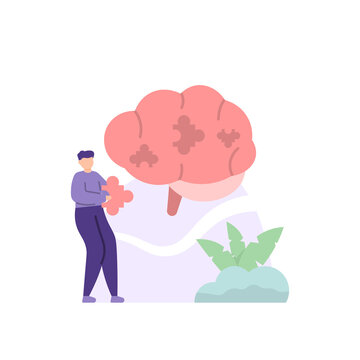 Illustration Of People Trying To Solve A Puzzle Game. Brain Puzzles. Solve The Problem. Ideas And Solutions. Flat Cartoon Style. Vector Design. Can Be Used For UI Elements, Landing Pages.