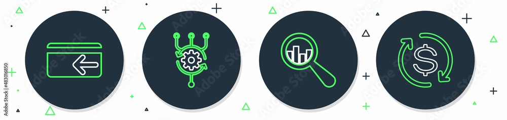 Aufkleber set line algorithm, magnifying glass and analysis, cash back and return of investment icon. vector