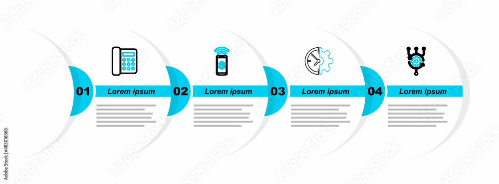 Poster set line algorithm, clock and gear, contactless payment and telephone icon. vector