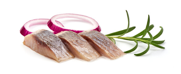 Marinated Atlantic Herring, isolated on white background.