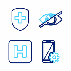 Fototapeta premium Set line Setting on smartphone, Hospital, Invisible or hide and Medical shield with cross icon. Vector