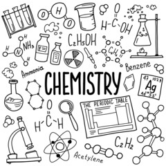 Chemistry symbols icon set. Science subject doodle design. Education and study concept. Back to school sketchy background for notebook, not pad, sketchbook. Hand drawn illustration. - 483016842