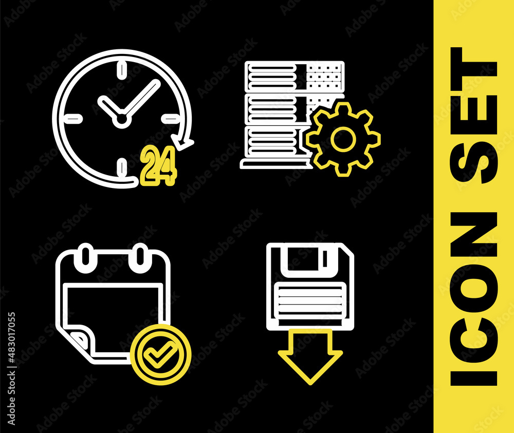 Poster set line server setting, floppy disk backup, calendar with check mark and clock 24 hours icon. vecto