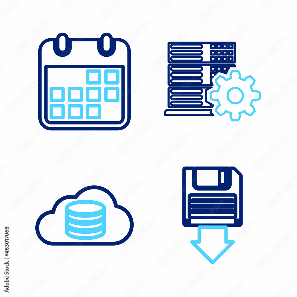 Poster set line floppy disk backup, cloud database, server setting and calendar icon. vector