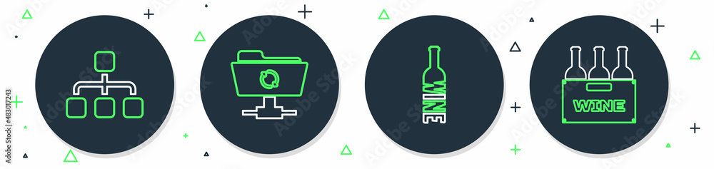 Poster set line ftp sync refresh, bottle of wine, hierarchy organogram chart and bottles box icon. vector