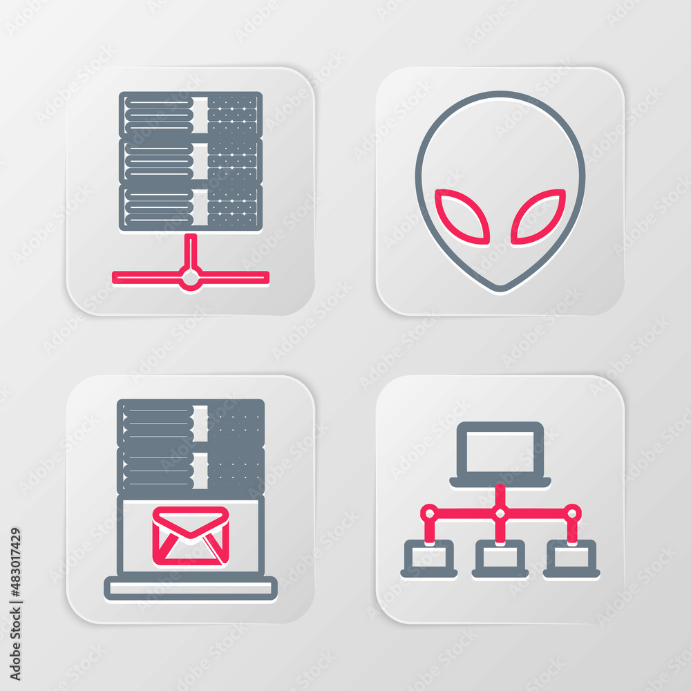 Poster set line computer network, mail server, alien and server, data, web hosting icon. vector