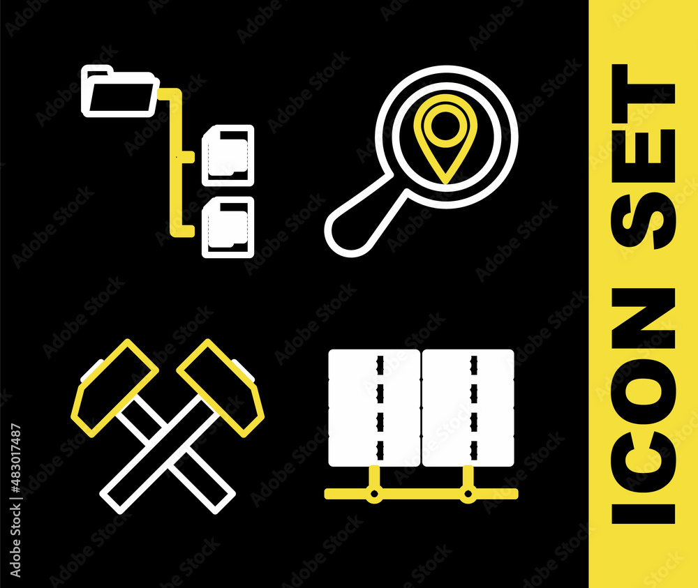 Poster set line search location, server, data, web hosting, two crossed hammers and folder tree icon. vecto
