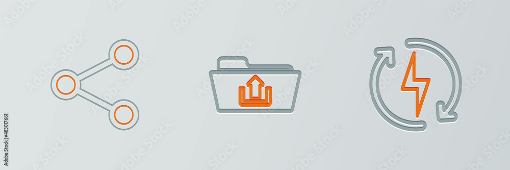 Poster set line recharging, share and folder upload icon. vector