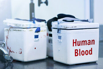 Life sustaining blood. Shot of boxes containing blood samples on a hospital floor.