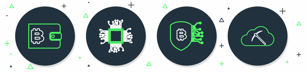 Set line Brain as digital circuit board, Shield with bitcoin, Cryptocurrency wallet and cloud mining icon. Vector